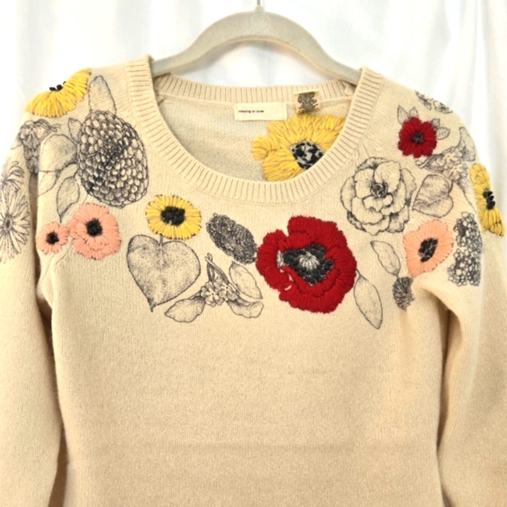 ( Anthropologie / sleeping on snow ) Soft Wool Floral Embroidered Boho Sweater - Picture 3 of 10